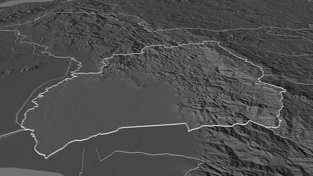Bubanza, province with its capital, zoomed and extruded on the bilevel map of Burundi in the conformal Stereographic projection. Animation 3D