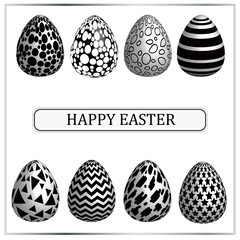 Set of easter eggs with various textures black and white. Monochrome. Spring holiday. Can be used to create cards, banners, flyers, invitations. Seasonal celebration.  Isolated on a white background.