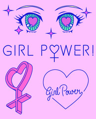 Set of illustrations for pins, patches, stickers. Motivational feminist phrases: 