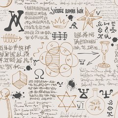 vector image of a seamless texture in the form of an alchemical formula with encrypted symbols in the style of medieval old manuscripts graphic