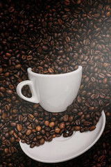 white coffee cup lies in roasted coffee beans of the highest standard