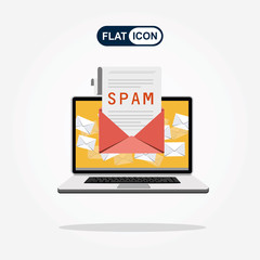 Spam Email Warning Window Appear On Laptop Screen. Concept of virus, piracy, hacking and security. Envelope with spam. Website banner of e-mail protection, anti-malware software. Flat vector.