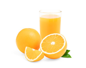 Orange juice with fruits cut half and slice with leaf isolated on white background