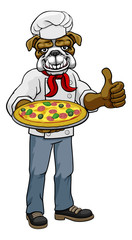 A bulldog chef mascot cartoon character holding a pizza and giving a thumbs up