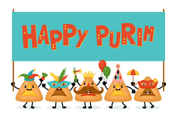 Purim holiday banner design with hamantaschen cookies funny cartoon characters.