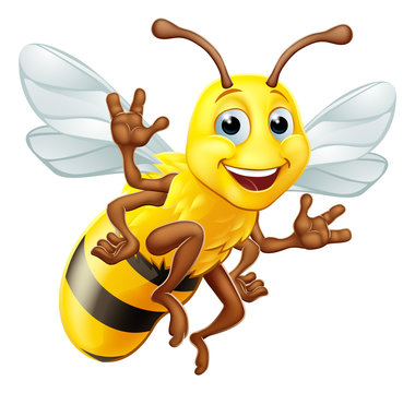 A bumble bee or honey bumblebee cartoon character insect flying and waving