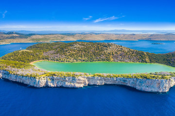 Croatia, Adriatic seascape, aerial view of the Salty green lake in nature park Telascica, Croatia,...