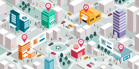 Foto op Canvas Isometric city map with people, buildings and pin pointers © elenabsl