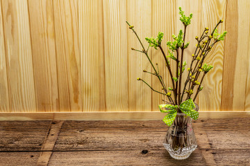 Zero waste Easter concept. Spring twigs with fresh green leaves. Glass vase, polka dot ribbon bow. Wooden boards background and backdrop