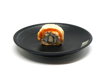 Japanese Food -  salmon sushi on black plate isolated on white background - aerial view