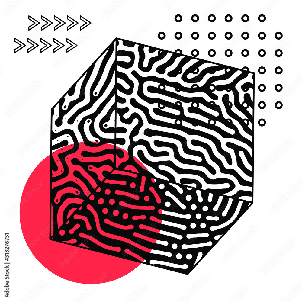 Poster abstract minimal illustration with geometrical composition in neo-memphis style.