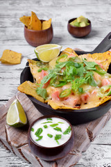Nachos with cheese, chicken, greenery and vegetables. Mexican cuisine appetizer