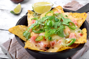 Nachos with cheese, chicken, greenery and vegetables. Mexican cuisine appetizer