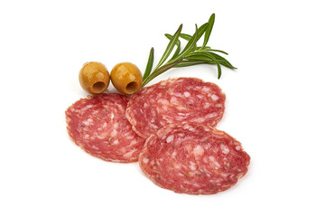 Cured salami with fennel seeds, Italian traditional sausage, isolated on white background