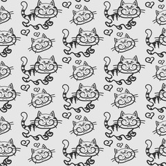 Seamless cute cat pattern in cartoon style. Template for print design. Wallpaper texture. Seamless background pattern.  Color in the image: black, white. Vector illustration.