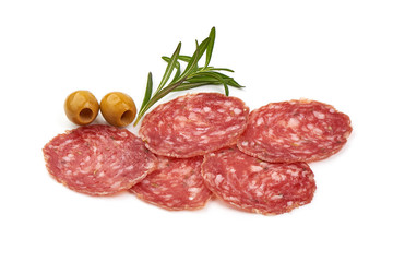 Traditional Spanish Fuet thin dried sausage, isolated on white background