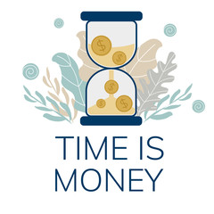  Simple, flat illustration of an hourglass and coins. The concept of time is money. 