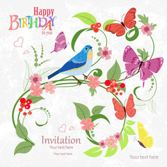 fancy floral ornament with blue bird and flying butterflies. abs