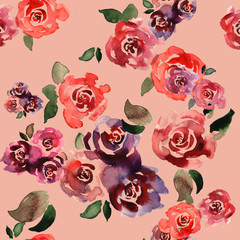 A seamless pattern of watercolor roses with leaves on pink bakcground