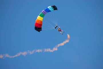 Bucharest/ Romania - AeroNautic Show - September 21, 2019: Skydivers getting ready to land in water