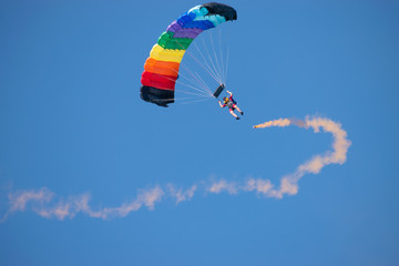 Bucharest/ Romania - AeroNautic Show - September 21, 2019: Skydivers getting ready to land in water