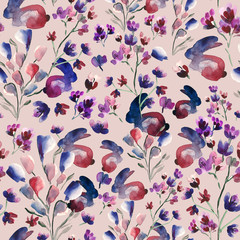 A lovely watercolor seamless pattern with flowers, leaves and bunnies hiding among the plants on a pastel pink background