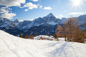 Fototapeta premium Monte Elmo, Dolomites, Italy - Mountain skiing and snowboarding. Sexten (Sesto), Trentino-Alto Adige, Puster Valley (Alta Pusteria), South Tyrol.