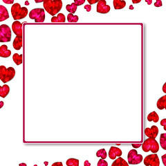 Frame with corner elements made of shiny hearts in a low poly style with an empty center for text.