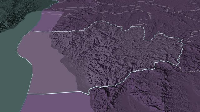 Bururi, province with its capital, zoomed and extruded on the administrative map of Burundi in the conformal Stereographic projection. Animation 3D