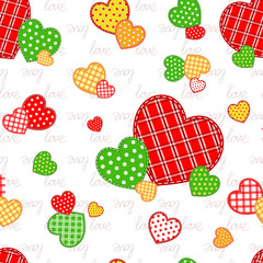 Seamless pattern of multi-colored checkered hearts and polka dot hearts scattered randomly