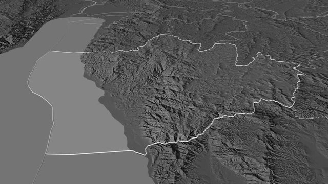 Bururi, province with its capital, zoomed and extruded on the bilevel map of Burundi in the conformal Stereographic projection. Animation 3D