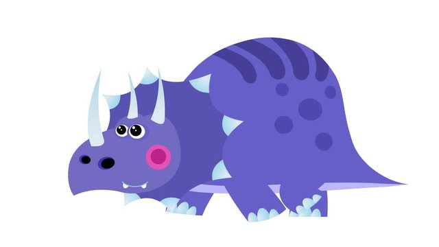 Cartoon dinosaur triceratops walking cycle. Alpha matte included. Cute 2d hand made prehistoric violet animal character animation good for any use. 