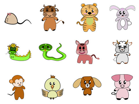 Twelve zodiac animal set cute cartoon rat, cow, tiger, rabbit, dragon, snake, horse, goat, monkey, chicken, dog and pig on white background.