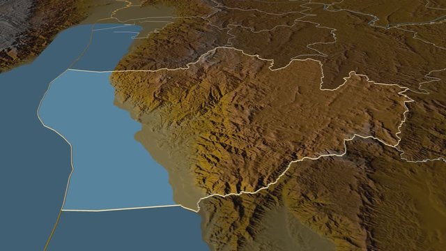 Bururi, province with its capital, zoomed and extruded on the relief map of Burundi in the conformal Stereographic projection. Animation 3D