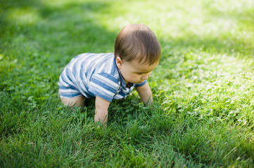 7 month child crawls on grass in yard,
