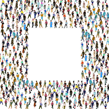 isometric people walking vector illustration with empty space to put text or can as a photo frame.