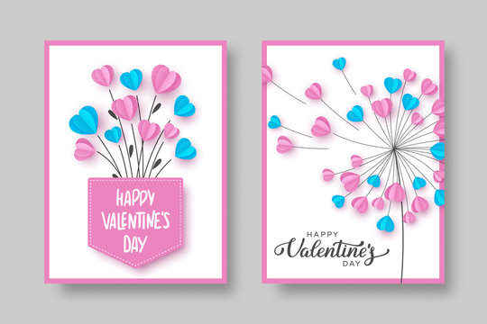 Valentines day cards. Dandelion and bouquet with pink and blue hearts. Love concept for Valentines, Womens or Mothers day. Outline with paper cut style. Vector.