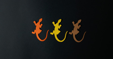 dance of colored lizards on a white background.