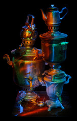 Colorful celebration of old, dusty, in cobwebs of samovars and teapots from the attic