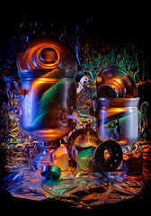 Colorful celebration of old, dusty, in cobwebs of samovars and teapots from the attic