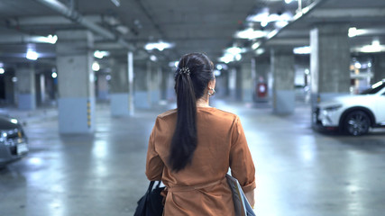 Women walking alone in underground car park