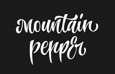Mountain pepper - white colored hand drawn spice label. Isolated calligraphy scrypt stile word. Vector lettering design element.