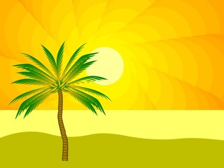 Fototapeta na wymiar beach landscape . palm tree against the bright evening sun. sunset. color vector graphics. poster, cover, banner, sticker. the orange-and-green background. wallpaper