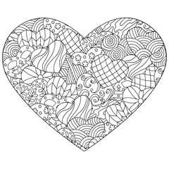 Vector abstract heart with hand-drawn patterns, coloring page