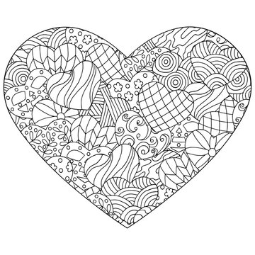 Vector abstract heart with hand-drawn patterns, coloring page