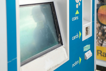 Newly installed automated ticket machine used for a public guided bus. A large touch screen allowing options to be selected is visible.