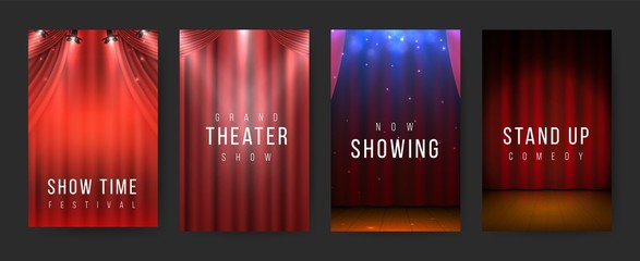Theater posters. Red curtains stage flyers, vintage scene textile. Vector illustration night show banners or poster set with spotlight for presentation or show