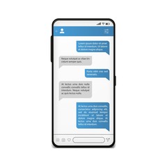 Chat on phone screen. Mobile messenger template. Social network mock up with message using in dialogue. Vector cellphone template concept chatting technology