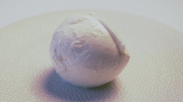 Soft white italian mozzarella cheese rotating on white plate