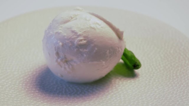 Soft white italian mozzarella cheese rotating on white plate